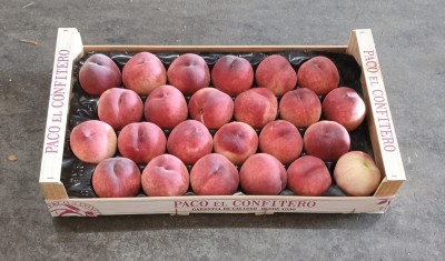 Foto Pesche Bianche Varietà Amandina Calibro A24 Origine Spagna Marchio Paco El confitero  1